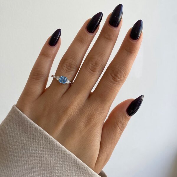 Deep Blue Asscher Cut CVD Diamond Ring, Three Stone Ring