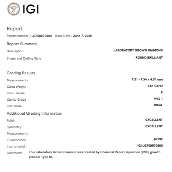 IGI Certified Round 1.51 Ct Lab Grown Diamond Loose Stone