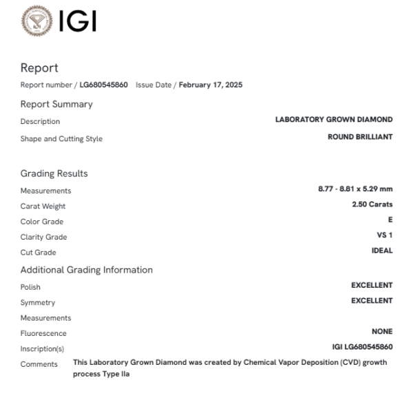 IGI Certified Round 2.50 Ct Lab Grown Diamond Loose Stone