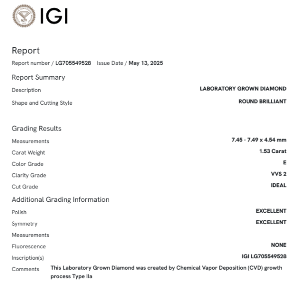 IGI Certified Round 1.53 Ct Lab Grown Diamond Loose Stone
