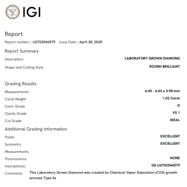 IGI Certified Round 1.02 Ct Lab Grown Diamond Loose Stone