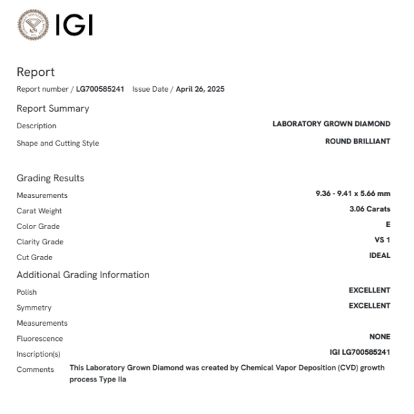 IGI Certified Round 3.06 Ct Lab Grown Diamond Loose Stone
