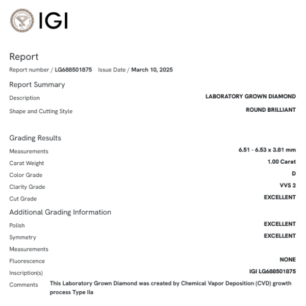 IGI Certified Round Cut 1.00 Carat Lab Grown Diamond Loose Stone