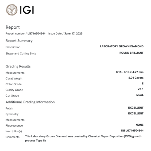 IGI Certified Round Cut 2.04 Carat Lab Grown Diamond Loose Stone