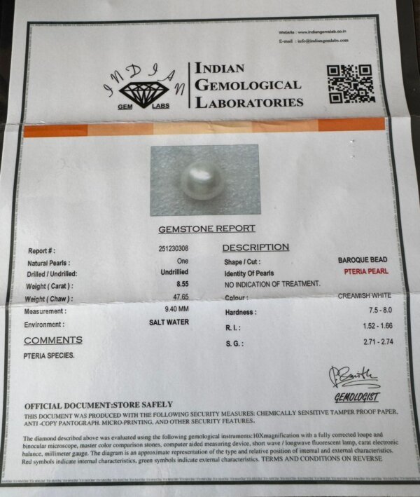 8.55 Carat /9.49 Ratti Natural Venezuela Saltwater Pearl (Moti)