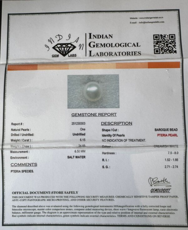 6.15 Carat /6.82 Ratti Natural Venezuela Saltwater Pearl (Moti)