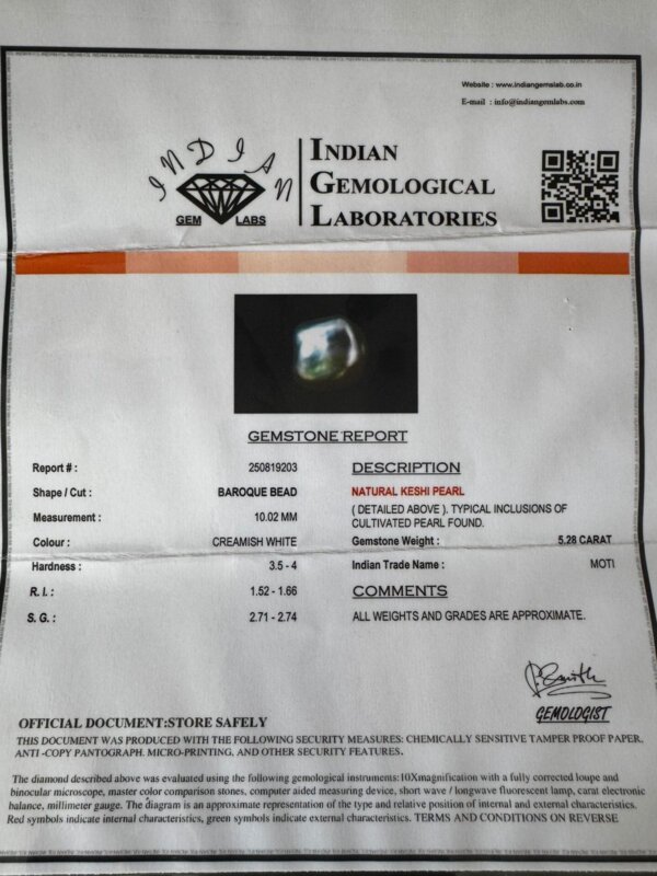 5.28 Carat/ 5.86 Ratti Natural Keshi Saltwater Pearl (Moti)