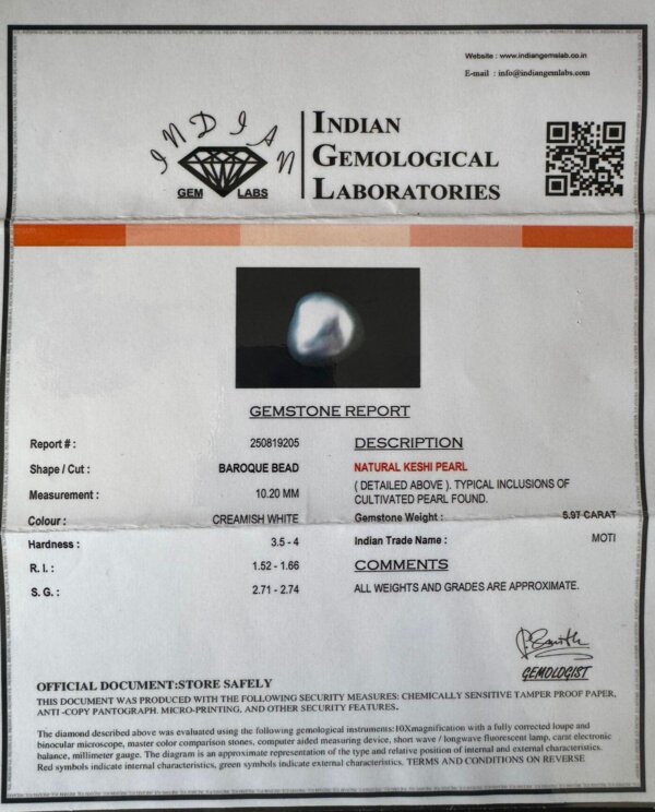 5.97 Carat/ 6.62 Ratti Natural Keshi Saltwater Pearl (Moti)