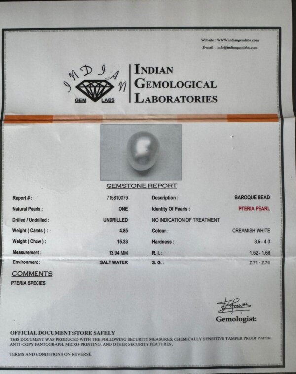 4.85 Carat/ 5.38 Ratti Natural Venezuela Saltwater Pearl (Moti)