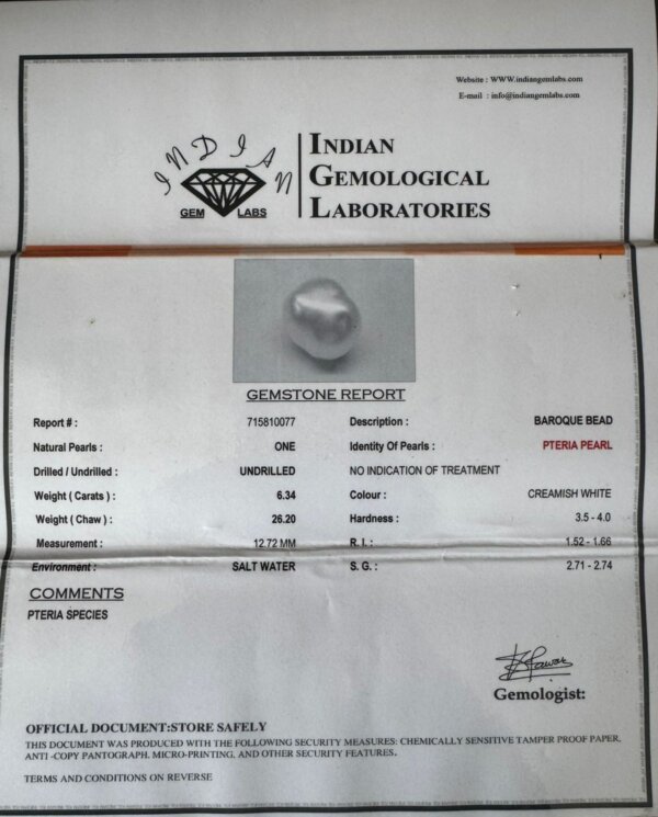 6.34 Carat/ 7.03 Ratti Natural Venezuela Saltwater Pearl (Moti)