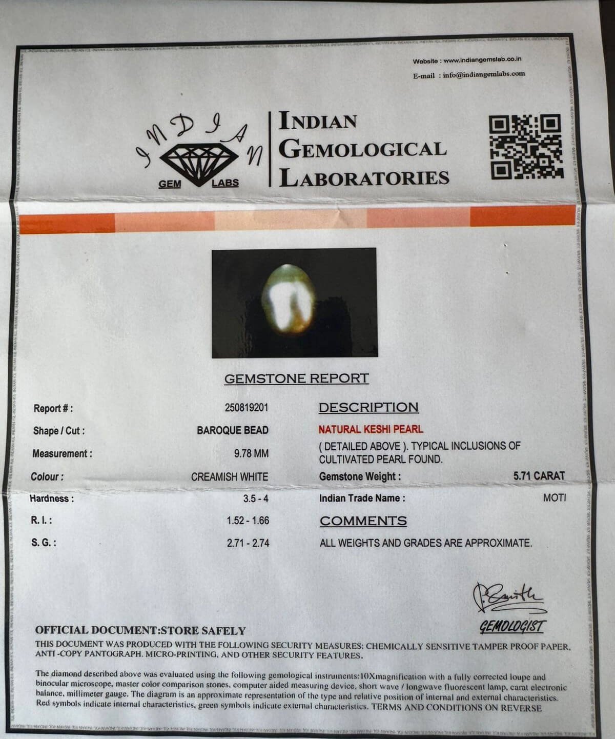 5.71 Carat/ 6.33 Ratti Natural Keshi Saltwater Pearl (Moti)