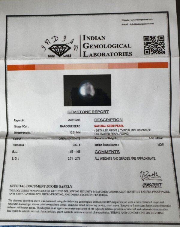 5.96 Carat/ 6.61 Ratti Natural Keshi Saltwater Pearl (Moti)