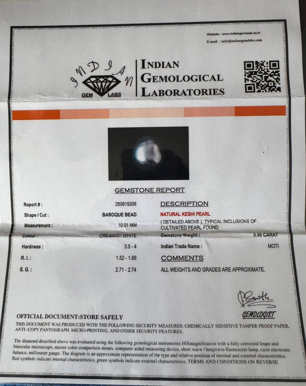 5.96 Carat/ 6.61 Ratti Natural Keshi Saltwater Pearl (Moti)