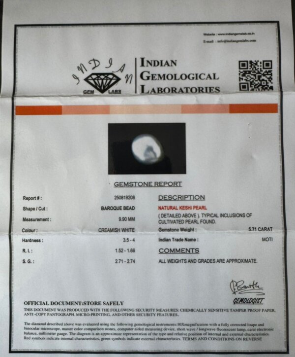 5.71 Carat/ 6.33 Ratti Natural Keshi Saltwater Pearl (Moti)