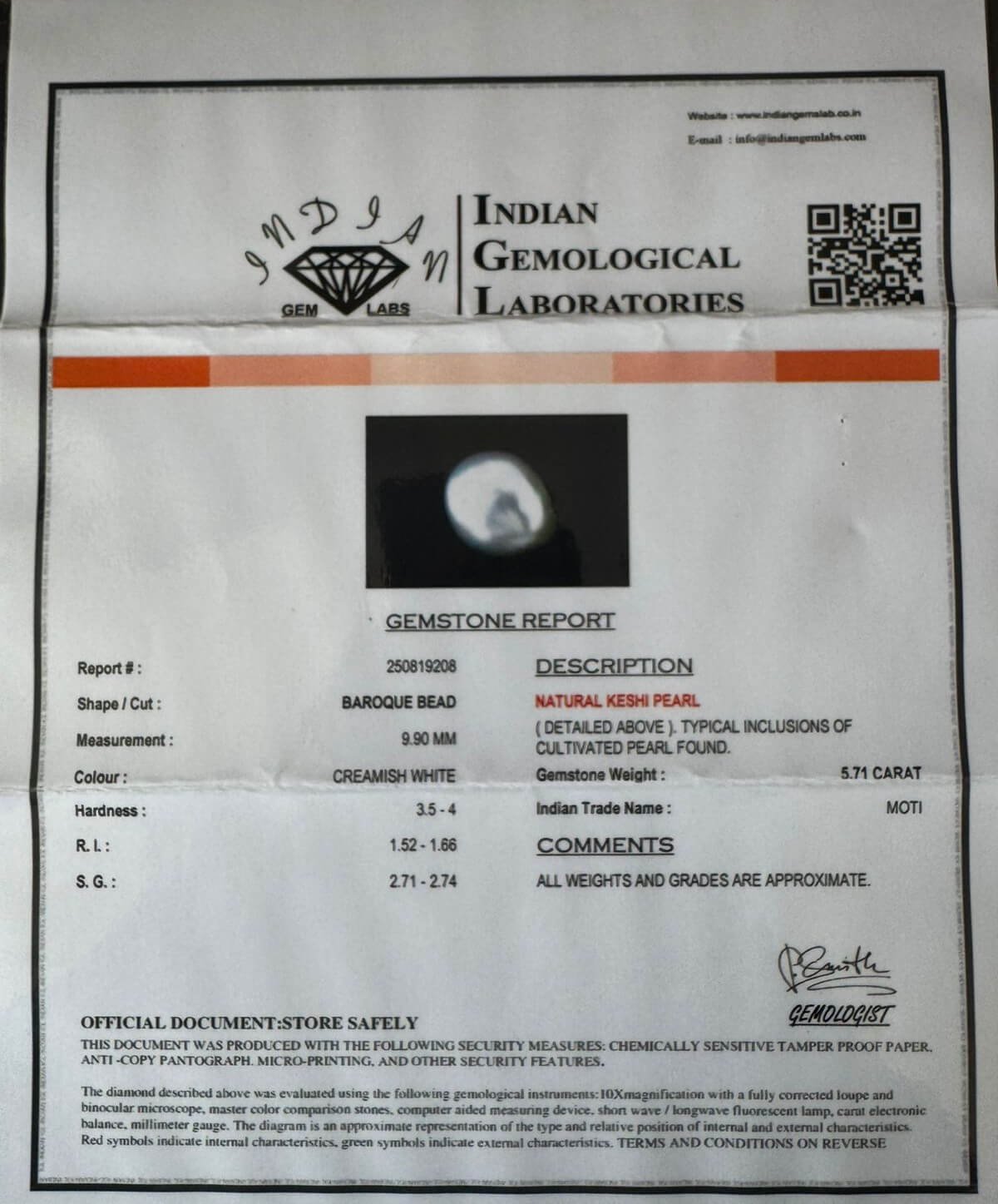 5.71 Carat/ 6.33 Ratti Natural Keshi Saltwater Pearl (Moti)