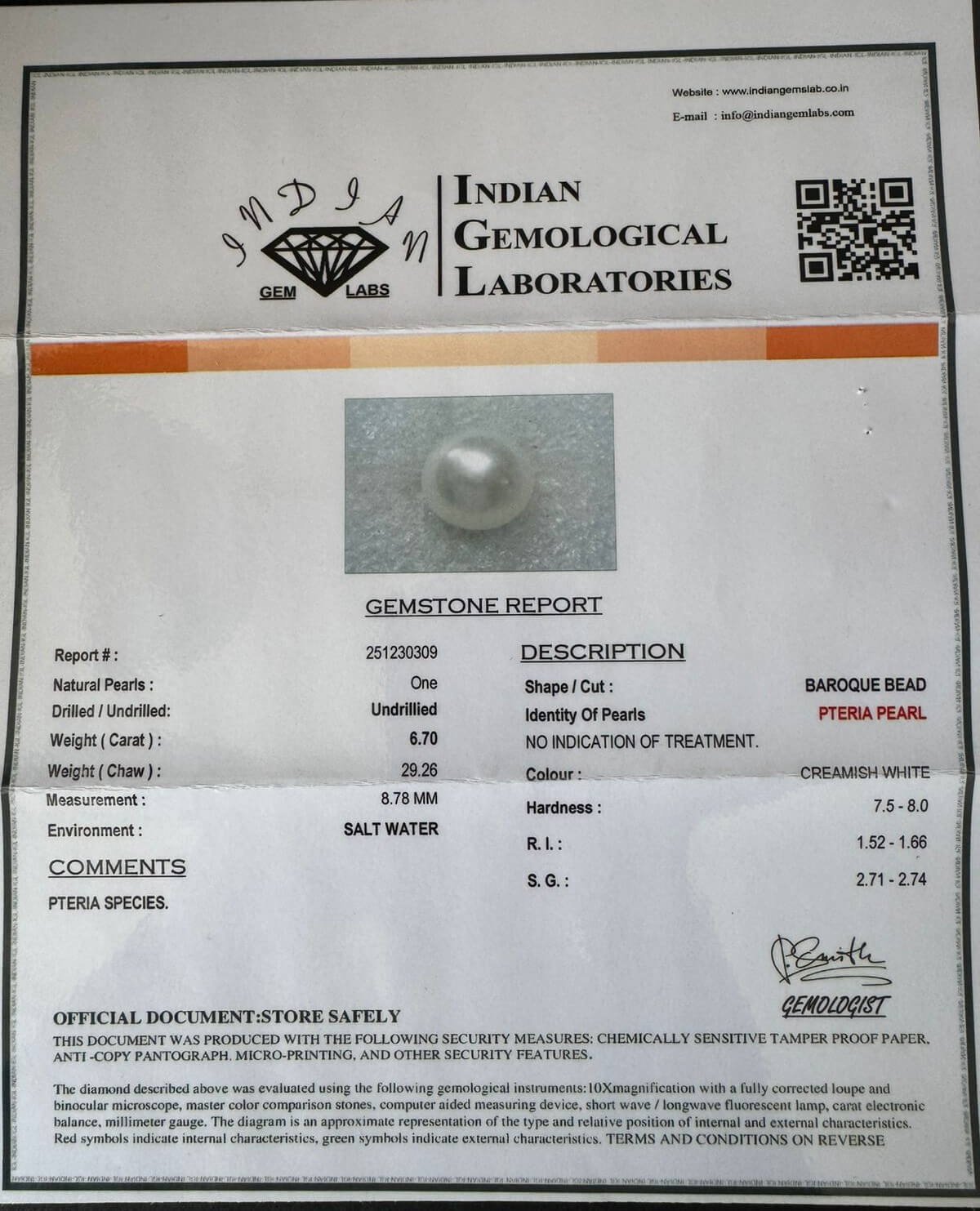 6.70 Carat/ 7.43 Ratti Natural Venezuela Saltwater Pearl (Moti)