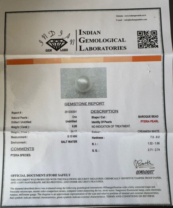 6.09 Carat/ 6.75 Ratti Natural Venezuela Saltwater Pearl (Moti)