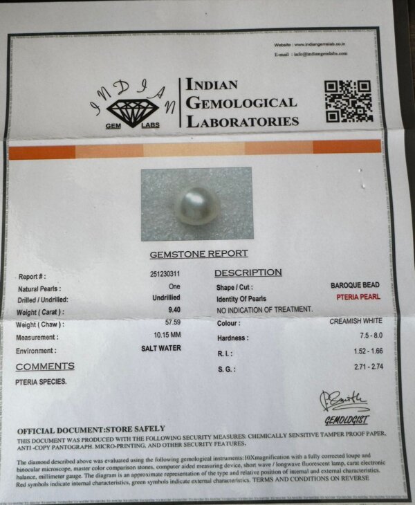 9.40 Carat/ 10.43 Ratti Natural Venezuela Saltwater Pearl (Moti)