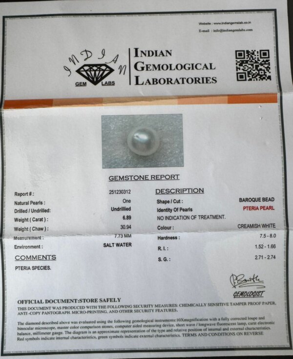 6.89 Carat/ 7.64 Ratti Natural Venezuela Saltwater Pearl (Moti)