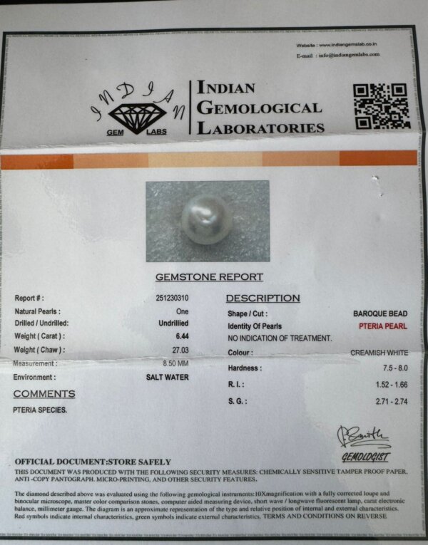 6.44 Carat/ 7.14 Ratti Natural Venezuela Saltwater Pearl (Moti)