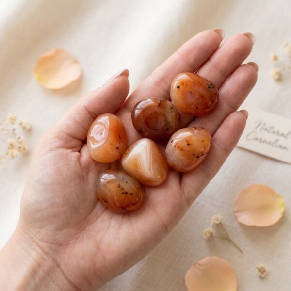 Natural carnelian tumble stone polished orange crystal shown in front side top and angled views