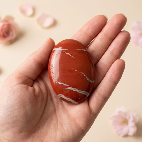 Natural red jasper crystal palm stone polished deep red healing stone shown in front, side, top and angled views