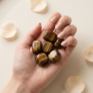 Natural tiger eye tumble stone polished brown crystal shown in front side top and angled views