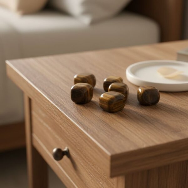 Natural tiger eye tumble stone polished brown crystal shown in front side top and angled views