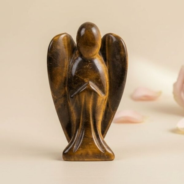 Tiger Eye Angel Figurine held in hand with cream background and soft flower petals