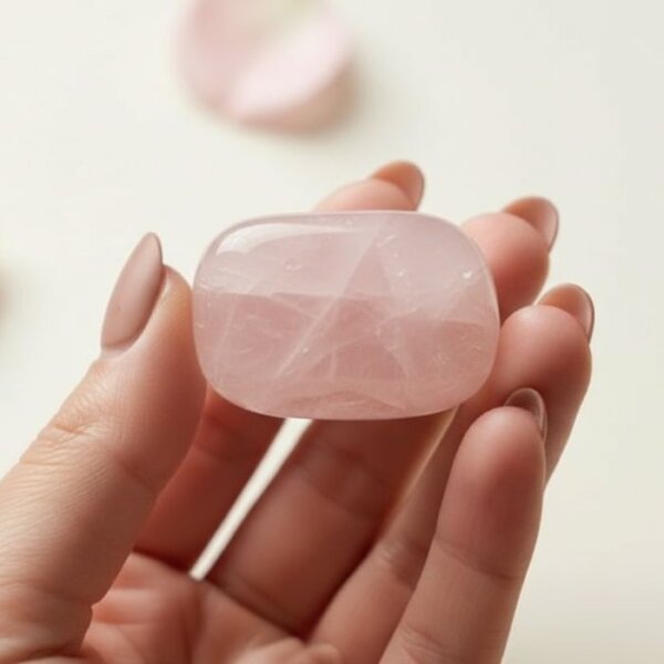 Natural rose quartz tumble stone polished pink crystal shown in front side top and angled views