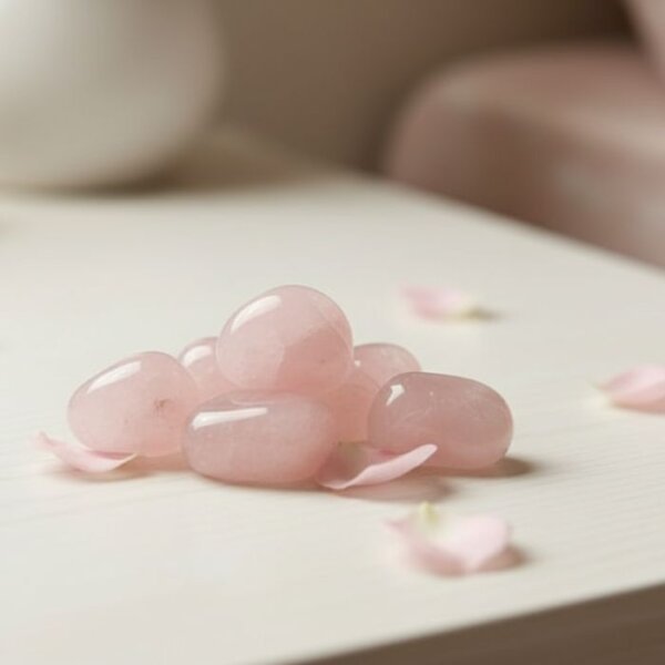 Natural rose quartz tumble stone polished pink crystal shown in front side top and angled views