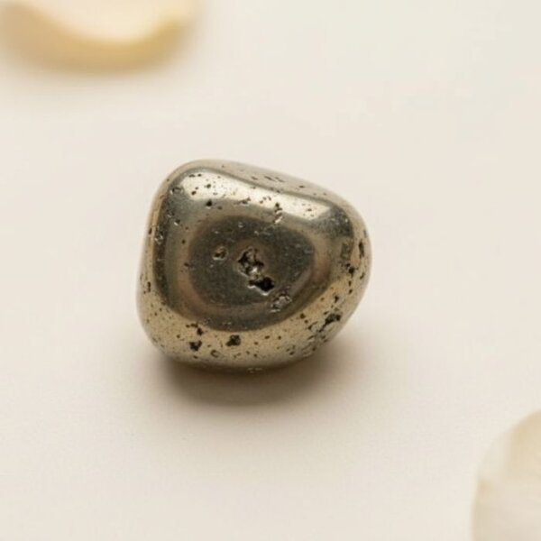Natural pyrite tumble stone polished golden crystal shown in front side top and angled views