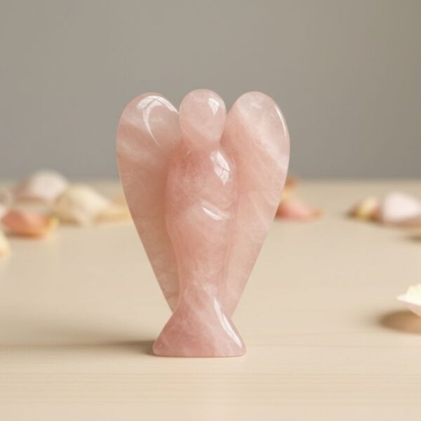 Rose Quartz Angel Figurine held in hand with cream background and soft flower petals