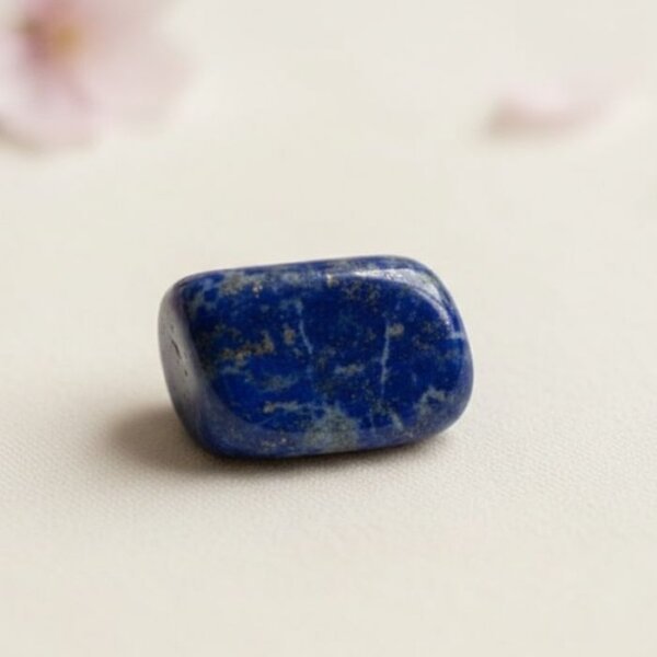 Natural lapis lazuli tumble stone polished blue crystal shown in front side top and angled views