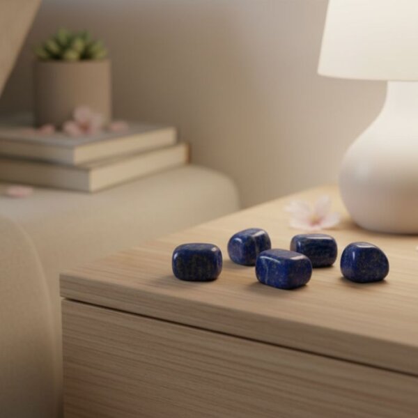 Natural lapis lazuli tumble stone polished blue crystal shown in front side top and angled views