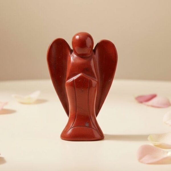Red Jasper Angel Figurine held in hand with cream background and soft flower petals