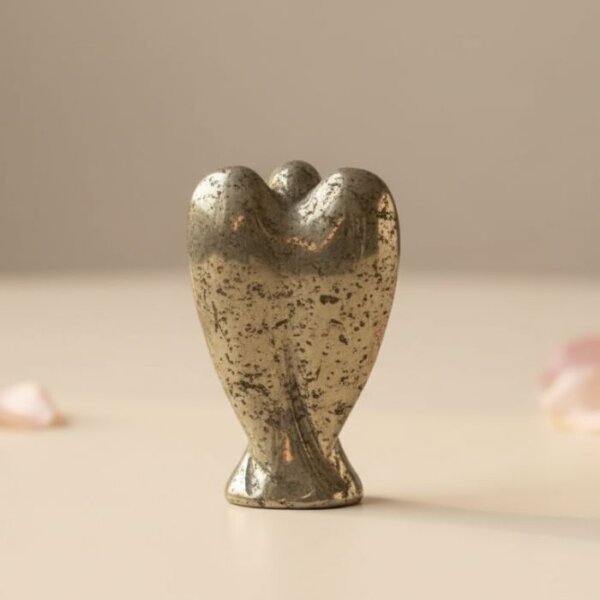 Pyrite Angel Figurine held in hand with cream background and soft flower petals