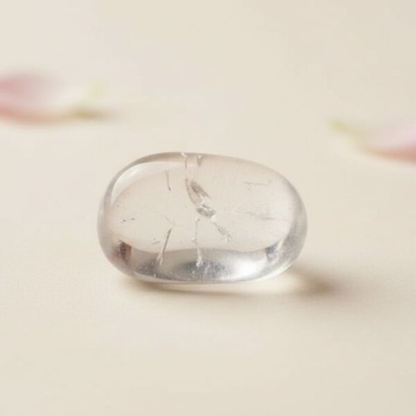 Natural clear quartz tumble stone transparent polished crystal shown in front side top and angled views