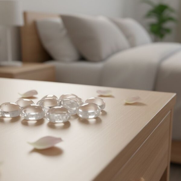 Natural clear quartz tumble stone transparent polished crystal shown in front side top and angled views