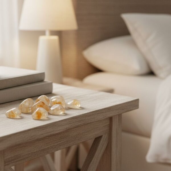 Natural citrine tumble stone polished yellow crystal shown in front side top and angled views