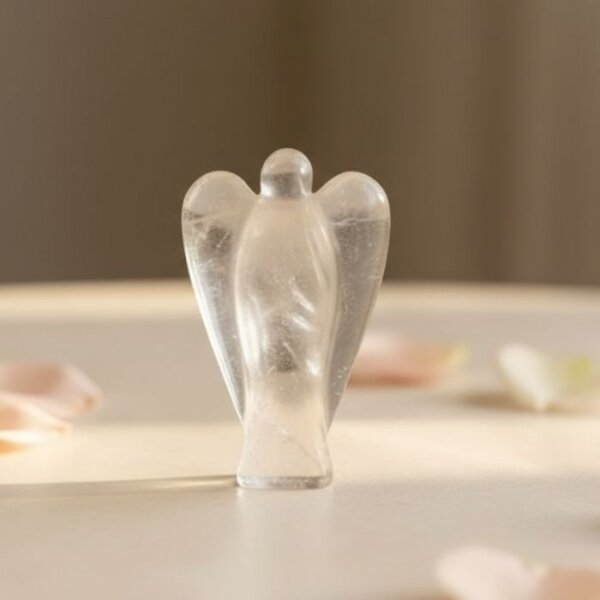 Clear Quartz Angel Figurine held in hand with cream background and soft flower petals
