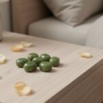 Natural green jade tumble stone polished green crystal shown in front side top and angled views