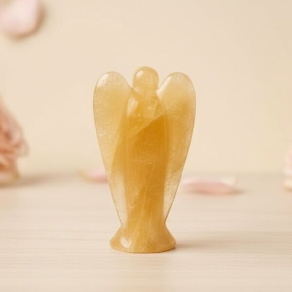 Citrine Angel Figurine held in hand with cream background and soft flower petals
