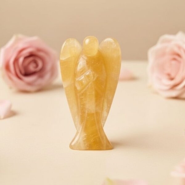Citrine Angel Figurine held in hand with cream background and soft flower petals