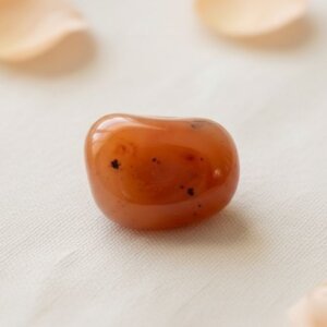 Natural carnelian tumble stone polished orange crystal shown in front side top and angled views