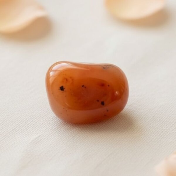 Natural carnelian tumble stone polished orange crystal shown in front side top and angled views