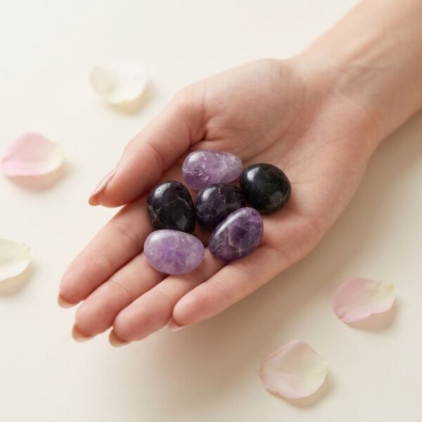 Natural amethyst tumble stone polished purple healing crystal in multiple angles front side top view