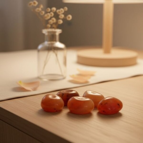 Natural carnelian tumble stone polished orange crystal shown in front side top and angled views