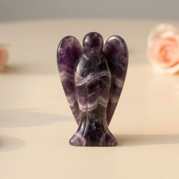 Amethyst Angel Figurine held in hand with cream background and soft flower petals