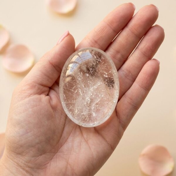 Natural clear quartz crystal palm stone polished transparent healing stone shown in front, side, top and angled views